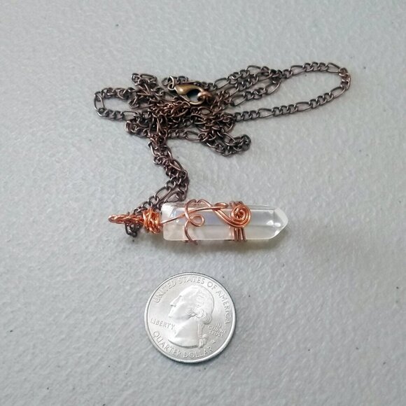 Clear Angel Aura Quartz Necklace - Handmade - Wire Wrapped - Copper Chain 22" - Picture 8 of 12